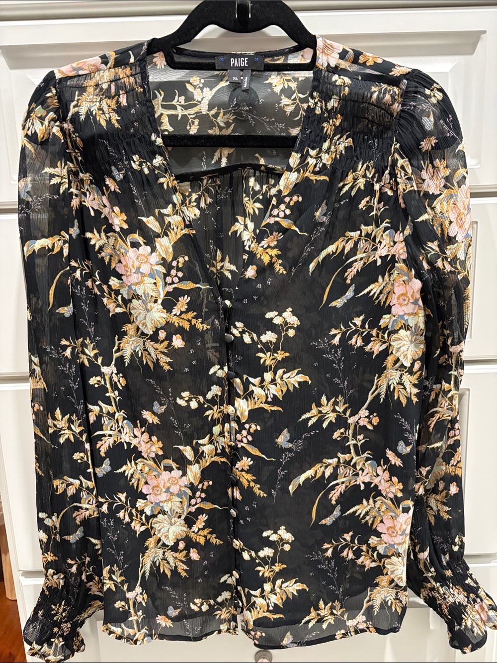 PAIGE Black Floral Semi-Sheer Button-Front Blouse